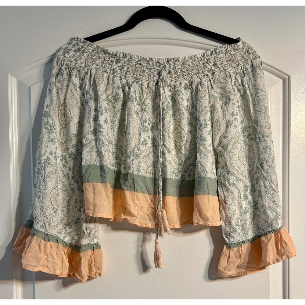 Surf Gypsy Off Shoulder Top Womens Medium Green Paisley Boho Ruffle Bell